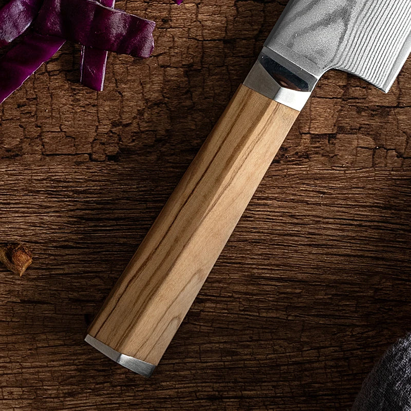 Couteau de Cuisine Damas Manche en Olivier Manche
