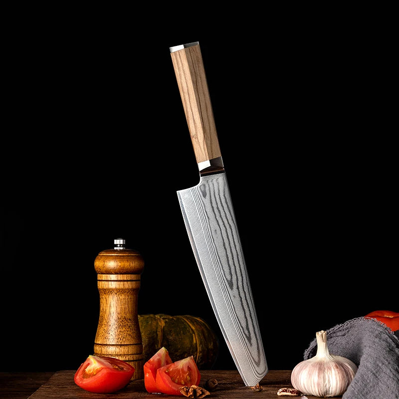 Couteau de Cuisine Damas Manche en Olivier Planté