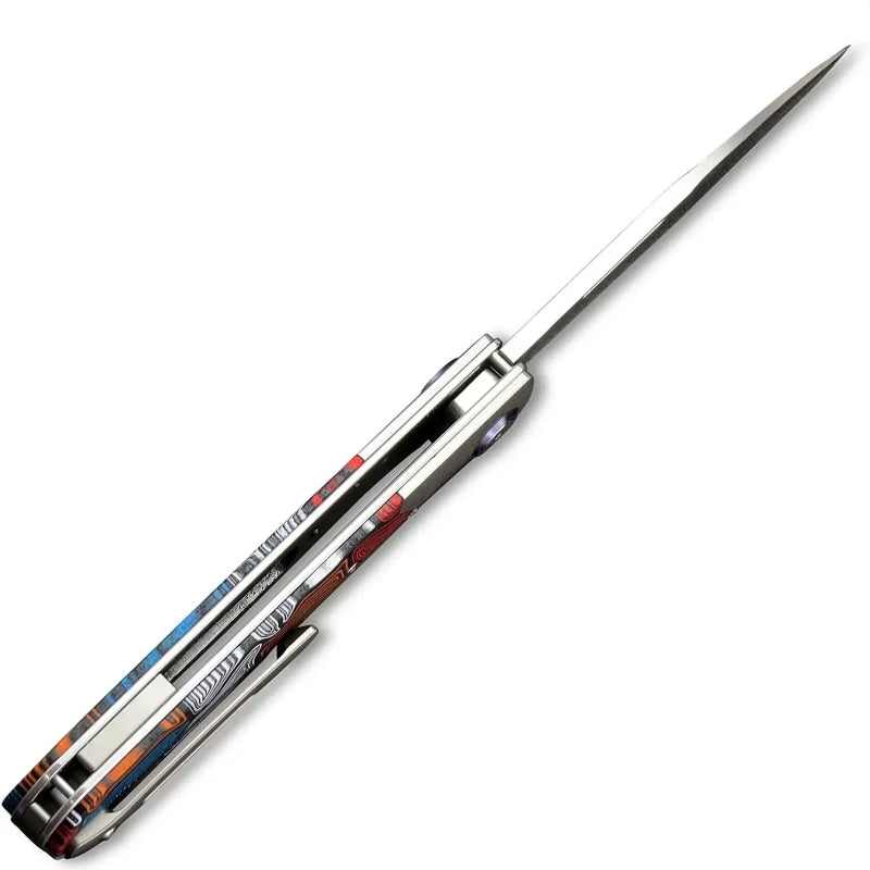 Couteau Pliant Damas Français Rouge Ouvert vue du haut