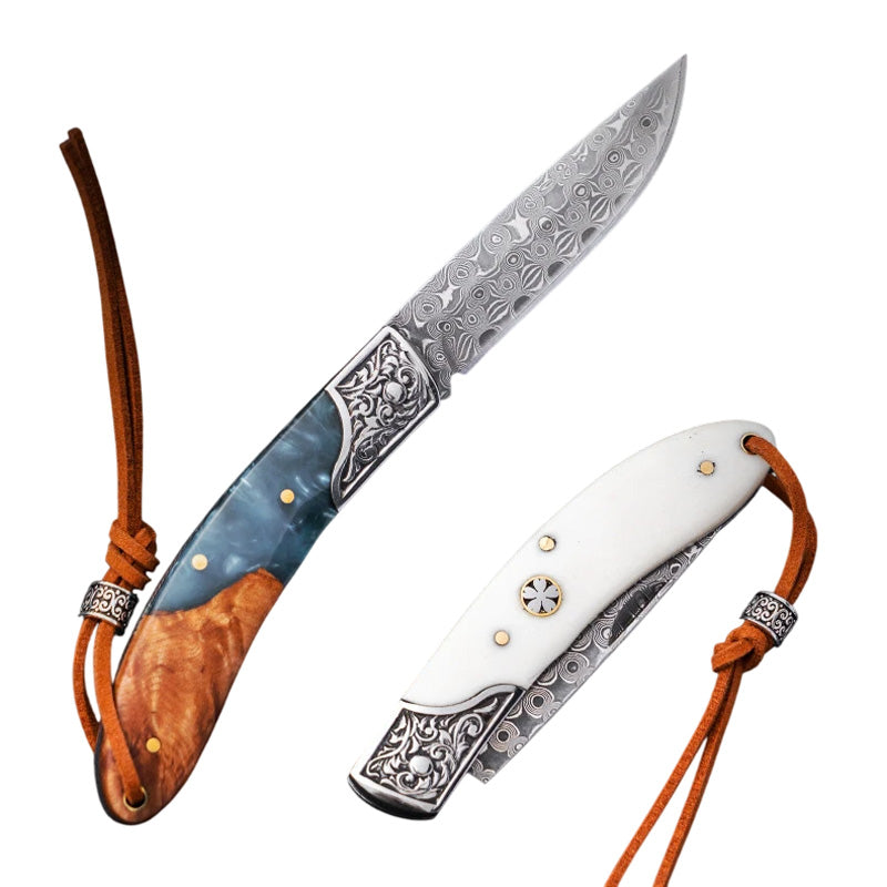 Couteau Berger Damas Bois Bleu Os Blanc