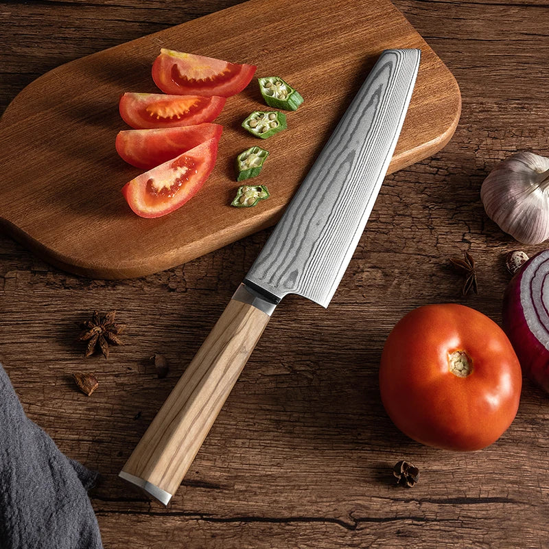 Couteau de Cuisine Damas Manche en Olivier Découpe de Tomate