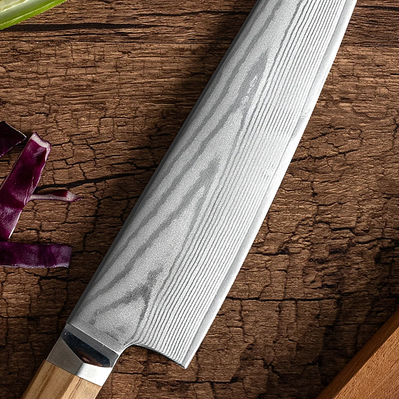 Couteau de Cuisine Damas Manche en Olivier Lame