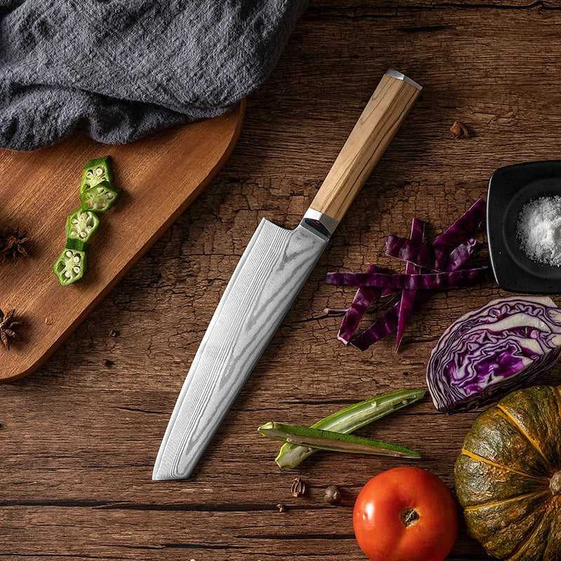 Couteau de Cuisine Damas Manche en Olivier Présentation