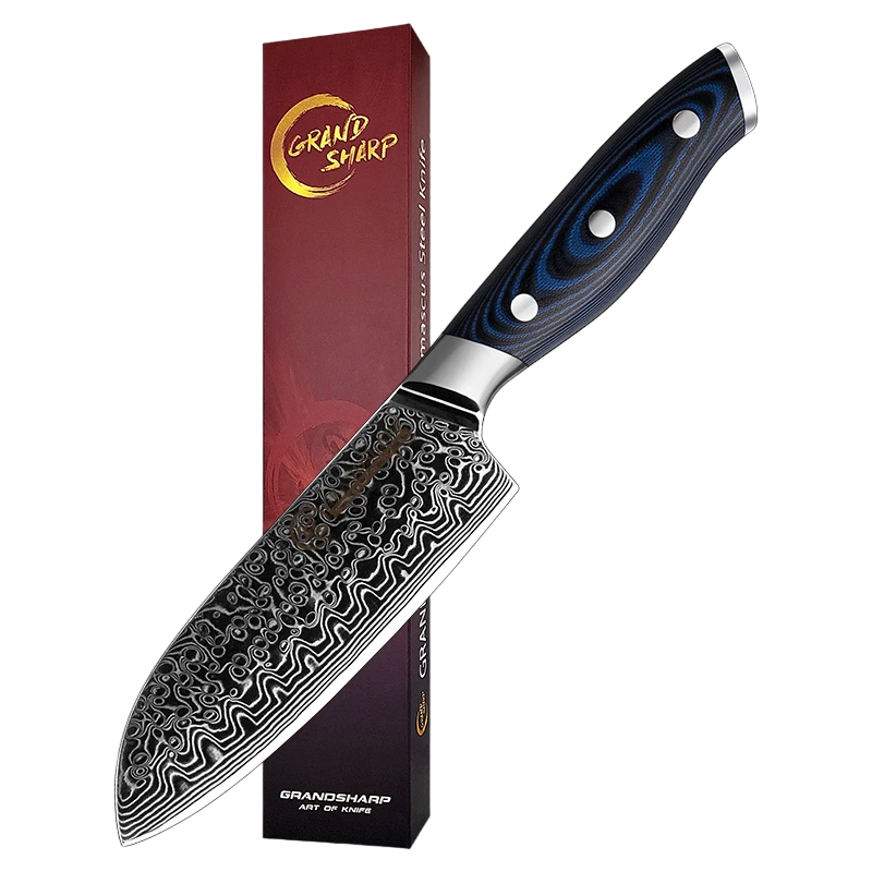 Couteau Santoku Damas Bois Bleu avec boîte