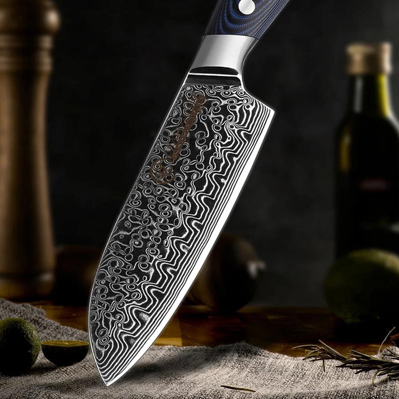 Couteau Santoku Damas Bois Bleu Lame