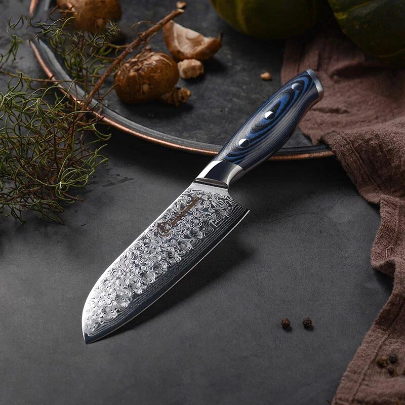 Couteau Santoku Damas Bois Bleu Présentation