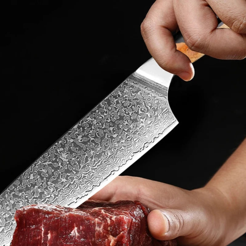 Couteau Santoku Japonais Acier Damas Découpe de viande