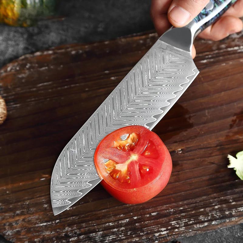 Couteau Santoku Japonais Lame Acier Damas découpe fine