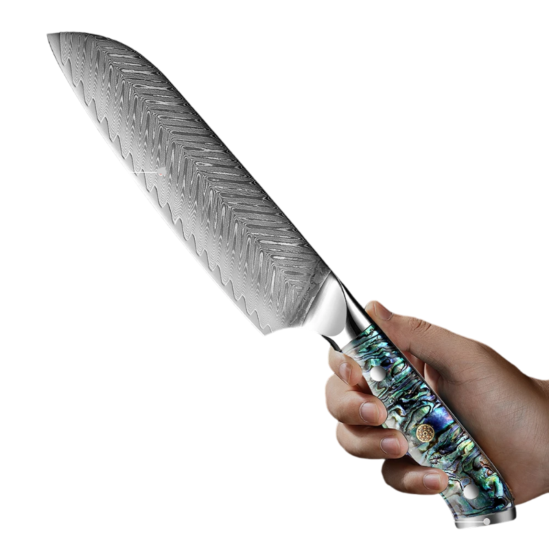 Couteau Santoku Japonais Lame Acier Damas en main